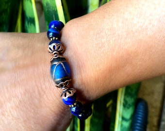 Handmade. Gemstones Blue Tigers Eye and Etched Glass Beads.