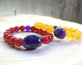 Amethyst Gemstone Bracelet – Red Chalcedony or Yellow Jade Beads, Stretch Bracelet, Minimalist Jewelry, Gift for Mom