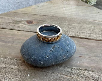 Gold Rope Chain Ring, Stainless Steel Band, Ion Plated Finish. FREE SHIPPING Father's Day Special.