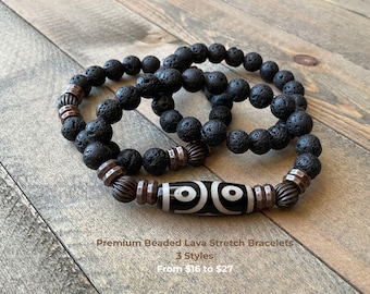 Men's Lava Gemstone Stretch Bracelet Set – 3 Stackable Styles with Natural Agate & Copper Brass Accents. FREE SHIPPING Father's Day Special!
