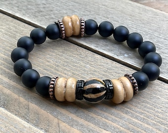 Men's Matte Onyx Bracelet | Wood & Metal Accents with Rare Agate Bead. FREE SHIPPING Father's Day Special!