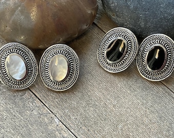 Sterling Silver Bali Style Earrings – Oval Stud with Mother of Pearl or Black Onyx – Executive Jewelry – Polished Statement Earrings.
