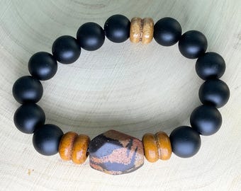 Jasper, Wood, & Matte Onyx Bracelets - Natural Gemstone Jewelry for Adults and Kids - Handmade Stretch Bracelet Gift.