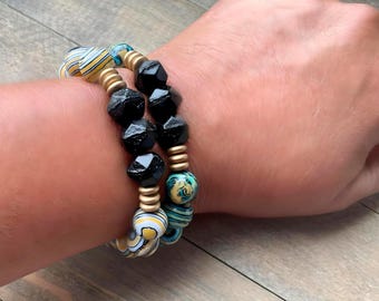 Fun Striped Malachite-Inspired Bracelets with Czech Glass & Gold Accents