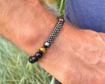 Handmade. Men Natural Matte Onxy and Tiger Eye Bracelet. FREE SHIPPING Father's Day Special!!