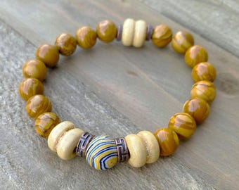 Handmade Unisex Wood Jasper Gemstones Bracelet, Natural 10mm Focal Stone Stretch Jewelry.