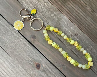 Smiley Lemon Keychain | Fruit Bag Charm | Phone Charm | Yellow Agate Beads | Key Fob Wristlet | Cute Lemon Gift