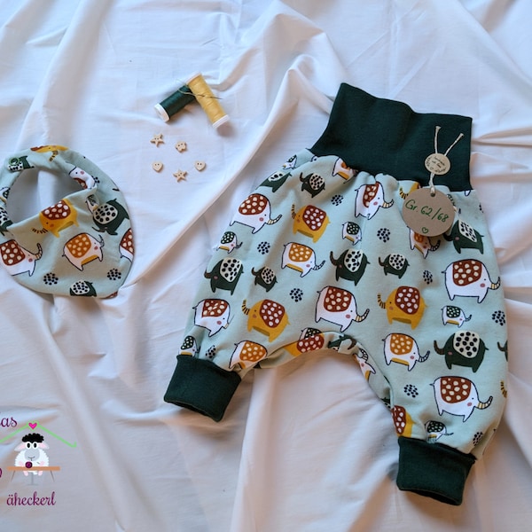 warme Pumphose Baby Elefanten aus Sweat/French Terry | unisex für Baby Jungen Mädchen - ab Gr. 50 bis Gr. 116