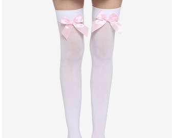 May include: White thigh-high stockings with pink satin bows at the top.