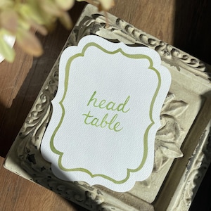 May include: A white place card with a scalloped edge and the words "head table" in green script. The card sits on a decorative, off-white frame with floral detailing, on a wooden surface.