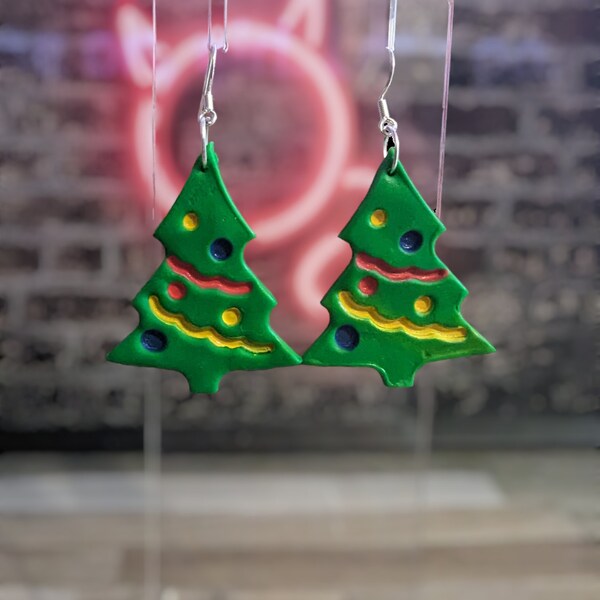 Christmas tree, Christmas earrings, Christmas tree earrings, stocking filler, under 10 pound Xmas gift, for her, fun Christmas earrings