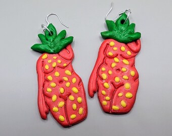 Strawberry lady earrings, fruit body earrings, polymer clay earrings, berry woman earrings