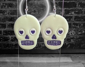 Glow in the dark earrings, skull earrings, glow in the dark skulls, Halloween earrings, polymer clay earrings, handmade halloween earrings