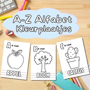 Alfabet kleurplaten, ABC A-Z nederlands, PDF y ZIP bestand, Leren kleuren kinderen, educatieve kleurplaatjes, peuters, kleuters, baby's