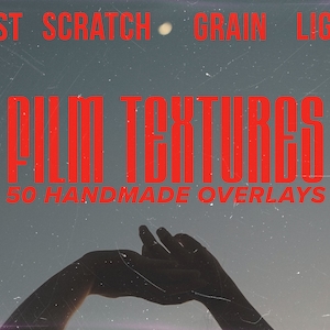 May include: Red text on a grey background reads "FILM TEXTURES 50 HANDMADE OVERLAYS". The background has a grainy texture and a light blue and pink gradient at the edges. A pair of hands are silhouetted against the sky in the bottom half of the image.