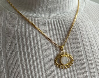 Gold Plated Silver Chain Necklace, Gemstone Silver Evil Eye Pendant