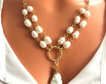 Fresh Water Pearl Gold Filled Link Chain Layered Statement Necklace