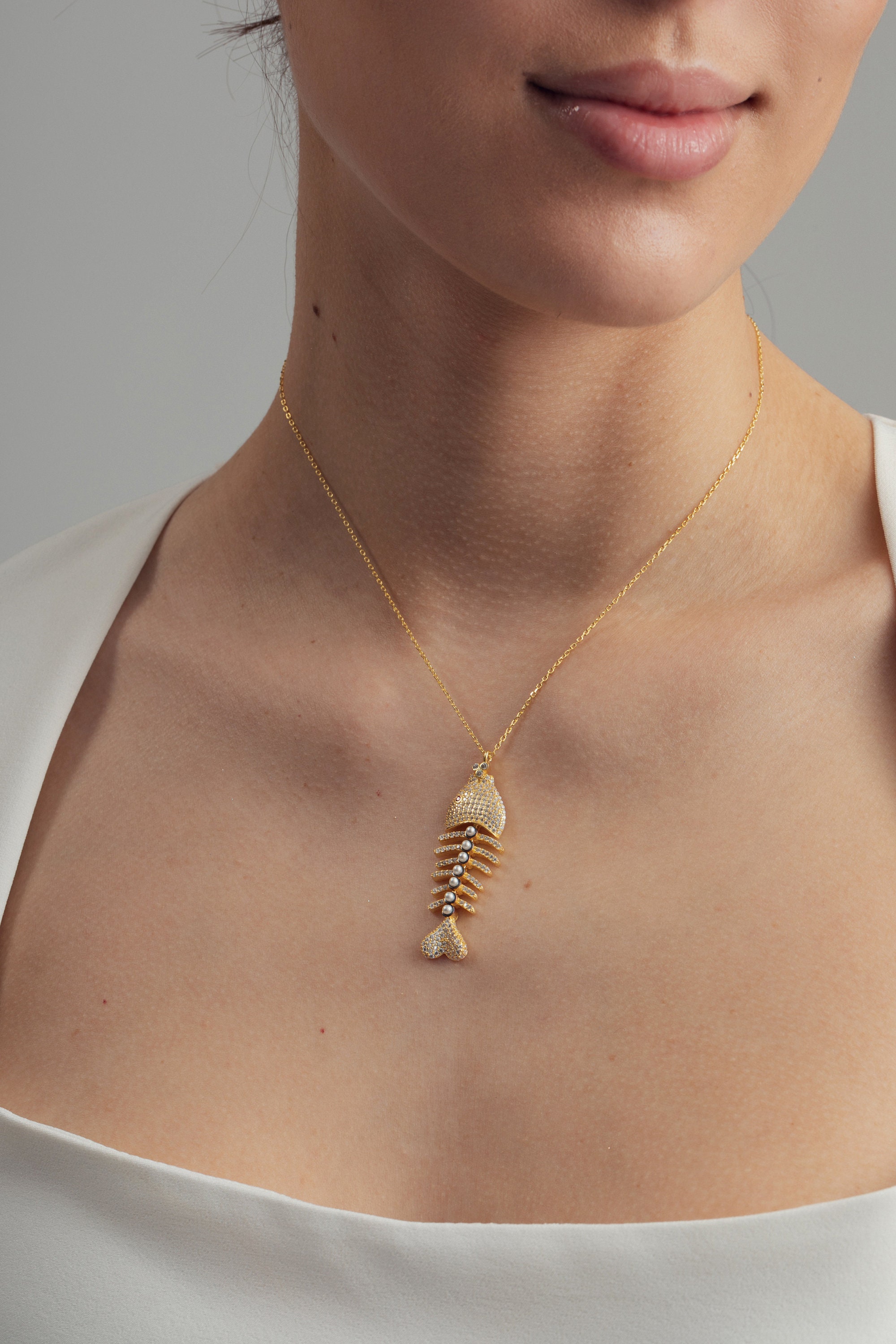 Full Zirconia Silver Bone Fish Necklace Etsy