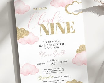 Heaven sent baby shower Invitation Printable Cloud 9 shower invite Over the moon Baby shower invitation Pink Cloud Baby shower girl BBS42