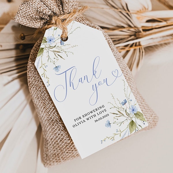 Baby shower favor tag, Matching items | Thank you tag Baby shower gift tag Wildflower Baby in bloom Baby blue flowers Floral favor tag BBS17