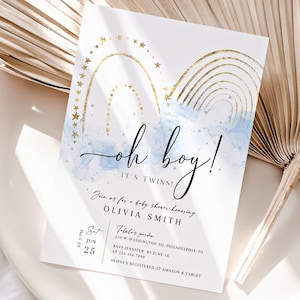 Twin Boys Baby Shower Invitation | Printable | Editable Twice the love Oh boy Gold rainbow DIY invites Pastel blue Sprinkle party BBS19