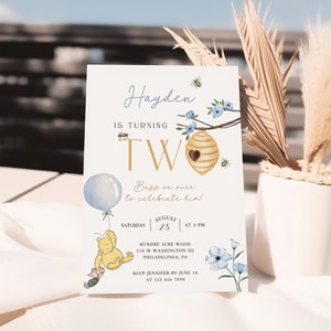 Winnie the Pooh birthday invitation Printable Winnie the Pooh 2nd birthday Winnie the pooh card Pooh bear second birthday invite Piglet BD08