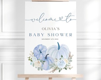 Puede incluir: Bienvenido a la Baby Shower de Olivia con un diseño de calabaza azul en acuarela y la fecha 16 de noviembre de 20XX.