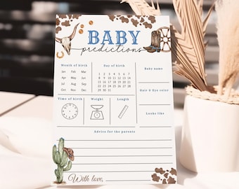 Könnte beinhalten: Eine druckbare Babyparty-Spielkarte mit Western-Thema. Die Karte hat ein braunes und weißes Kuhfellmuster, einen Schädel mit Geweih und ein Paar Cowboystiefel. Die Karte hat Abschnitte für Gäste, um das Baby-Name, das Geburtsdatum, die Geburtszeit, das Gewicht, die Länge, die Haar- und Augenfarbe und Ratschläge für die Eltern vorherzusagen.