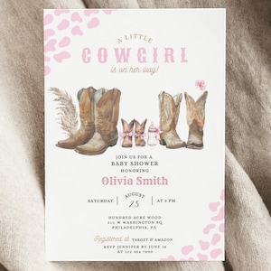 May include: A pink and white baby shower invitation with a watercolor illustration of cowboy boots and the text "A Little Cowgirl is on her way!"  Join us for a baby shower honoring Olivia Smith on Saturday, August 25th at 5 PM.  Hundred Acre Wood, 510 W Washington Sq, Philadelphia, PA. Registered at Target & Amazon. RSVP Jennifer by June 18th.