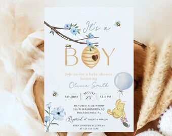Winnie the Pooh Baby shower invitations Printable Piglet Winnie the Pooh baby shower invite, Dusty blue Pooh bear baby shower invite BBS36