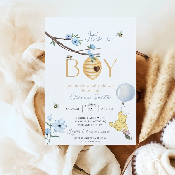 Winnie the Pooh Baby shower invitations Printable Piglet Winnie the Pooh baby shower invite, Dusty blue Pooh bear baby shower invite BBS36