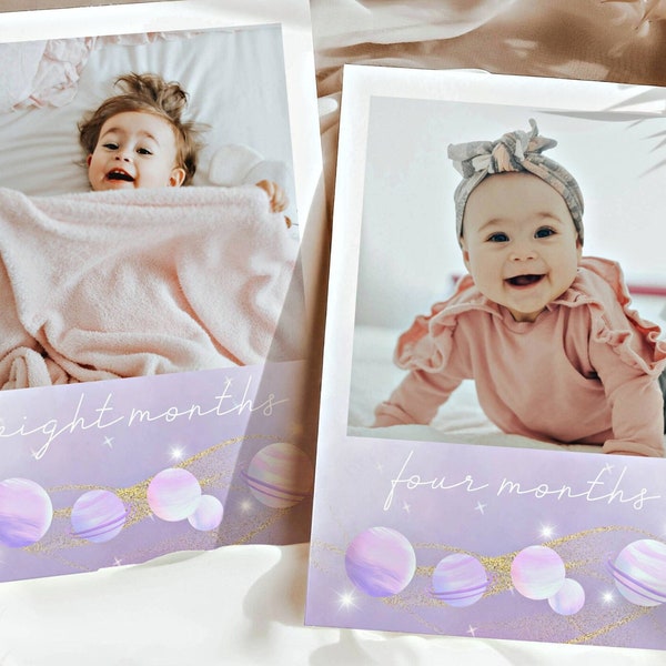 FBD02 1st birthday MILESTONE POLAROIDS | Pastels planets solar system stars pink purple space sun first trip | FREE editable template