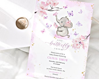 May include: A pink and white baby shower invitation with a watercolor illustration of a gray elephant with pink ears and a butterfly. The text reads "A little butterfly is on the way" and "Please join us for a baby shower honoring Olivia Smith Saturday 25th February at 2:00pm The Smith House 123 Main Street, Boston, Ma RSVP to Jennifer 123-456-7890"