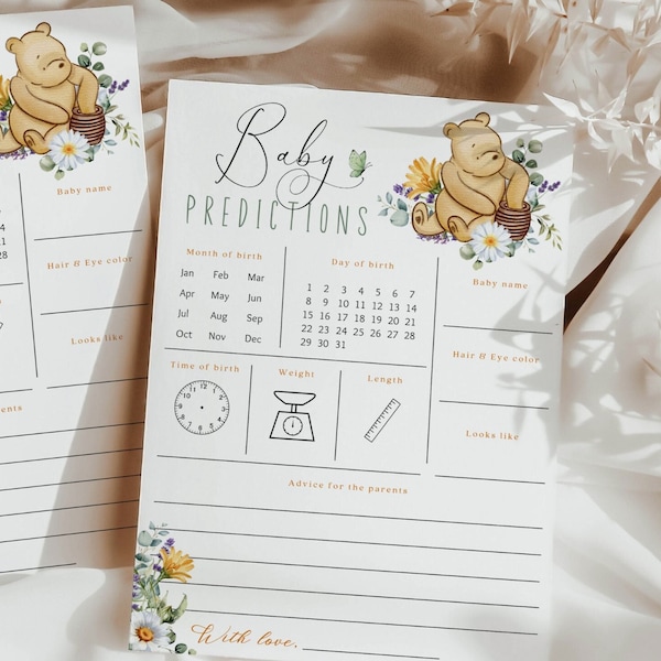 Winnie the Pooh Baby Shower Predictions | Download & print! | Pooh bear baby shower, Baby predictions, Wildflower, Baby shower games BBS27