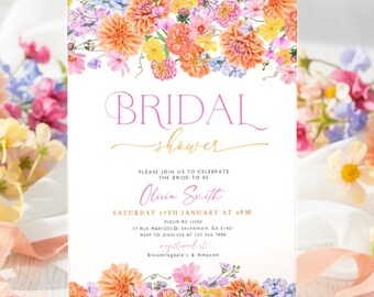 May include: A floral bridal shower invitation with the words "BRIDAL shower" in pink script. The invitation is surrounded by colorful flowers in shades of orange, pink, yellow, and purple. The invitation includes the bride's name and event details.