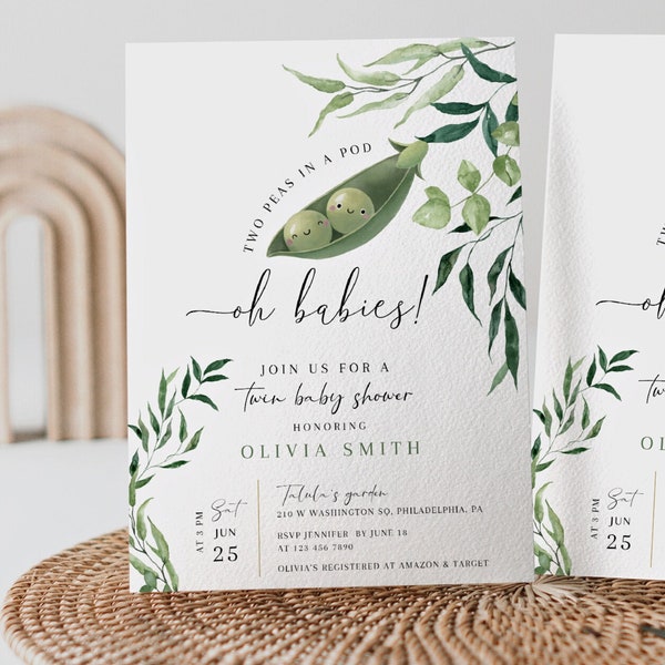 Twin baby shower invitation, Two peas in a pod, Printable, Greenery Leaves, Gender neutral invite, DIY invites, Twin babies party, BBS21