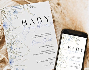 Baby boy in bloom INVITATION baby shower & electronic invite | printable | Beautiful blue wildflower Baby shower invite Evite BBS17