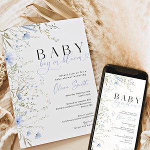 Baby boy in bloom INVITATION baby shower & electronic invite | printable | Beautiful blue wildflower Baby shower invite Evite BBS17