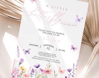 May include: A baby shower invitation with a watercolor floral design and butterflies. The text reads "A Little Butterfly is on the way!" and includes the date, time, and location of the event. RSVP information is also included.