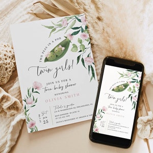Twin girls baby shower invitation, Two peas in a pod, Printable, pink flowers, Twin girls, Evite, DIY invites, Twin babies party, BBS21
