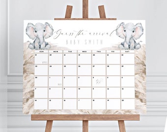 May include: A baby shower calendar with watercolor illustrations of elephants and pampas grass. The calendar grid is for April, with the text "Guess the arrival" and "Baby Smith" at the top. The calendar is displayed on a wooden easel.