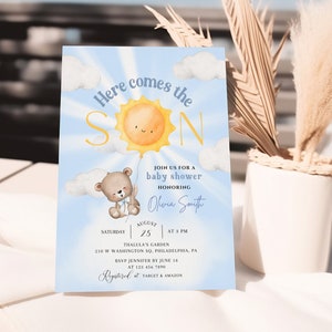 Here comes the son Baby shower invitation Instant download Baby boy shower invitation We can bearly wait Oh boy Printable invite BBS35