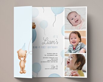 Baby blue FIRST BIRTHDAY gatefolded INVITATION template | printable | 1st birthday folded card Sleeping teddy bear Blue balloon Boy FBD05