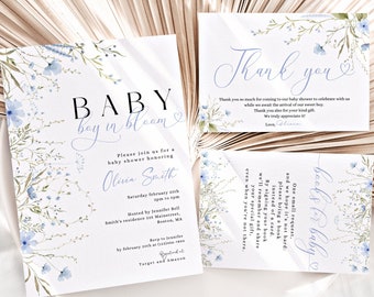 Baby boy in bloom bundle Baby in bloom baby shower invite Books for baby Thank you card Wildflower baby shower Baby blue wildflowers BBS17