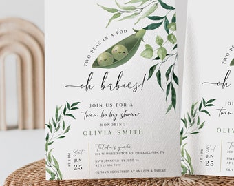 Twin baby shower invitation, Two peas in a pod, Printable, Greenery Leaves, Gender neutral invite, DIY invites, Twin babies party, BBS21