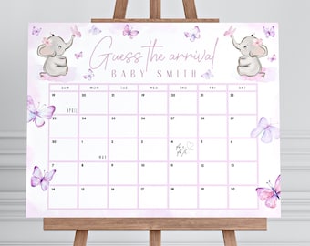 May include: A pink and purple baby shower game with a calendar for guests to guess the baby's arrival date. The calendar features a pink background with butterflies and elephants. The text "Guess the arrival BABY SMITH" is at the top of the calendar.