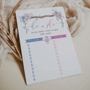 Boho Gender Reveal, Baby name suggestions | Printable | Baby name sign, He or she, Boy or girl chart, Pink Blue, Vintage Bohemian GR04