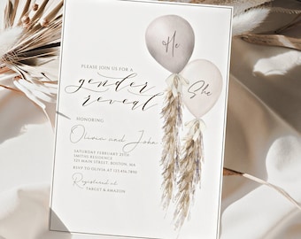Boho Pampas Balloons Gender Reveal INVITATION  | FREE edit! Printable | Bohemian Minimalistic invite Neutral Beige Cream white GR03