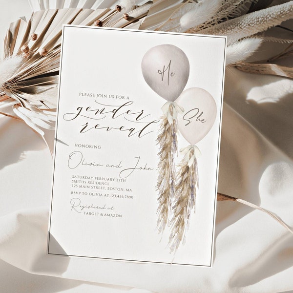 Boho Pampas Balloons Gender Reveal INVITATION  | FREE edit! Printable | Bohemian Minimalistic invite Neutral Beige Cream white GR03