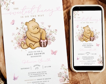 Winnie the pooh baby shower invitations Instant download Printable Pink Winnie the Pooh baby shower invite Pooh bear Baby shower BBS44